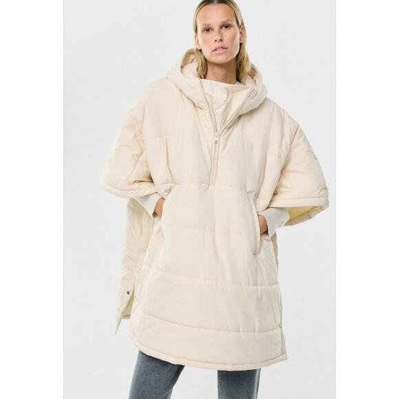 Goop by Ecoalf Womens Beige Hooded‎ 3/4 Sleeve Puffer Poncho Coat Jacket Size OS - Picture 1 of 12